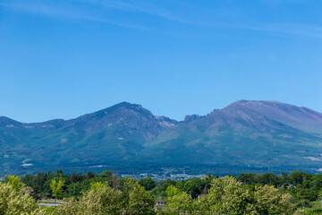 Beautiful landscape of  Mt. Azuyama seen from bullet train. 
