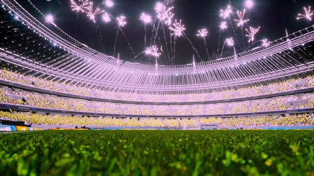 Fireworks in soccer stadium with crowd fans and waving flags. Celebrating wins or open and close championship . High quality 4k footage
