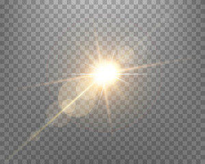Sunlight lens flare, sun flash with rays and spotlight. Gold glowing burst explosion on a transparent background.  .Vector illustration. - obrazy, fototapety, plakaty