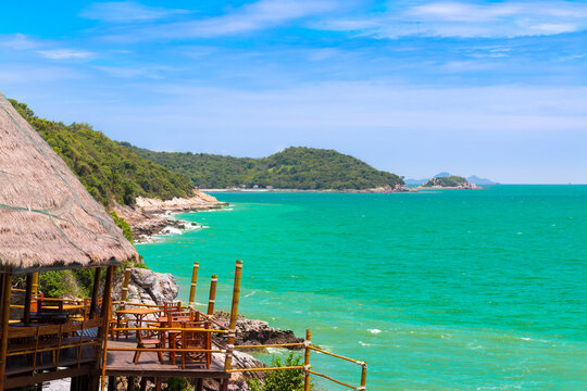 Landscape of Seascape at Koh sichang is a tropical island with emerald green water and beautiful beaches in the clear blue sky.