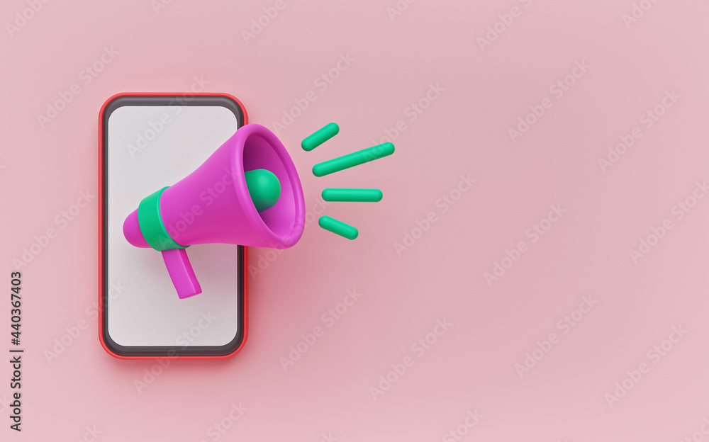 Poster megaphone and mobile phone. advertising and promotion concept. minimal background with copy space. 3