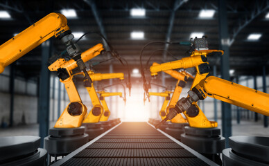 Mechanized industry robot arm for assembly in factory production line . Concept of artificial...