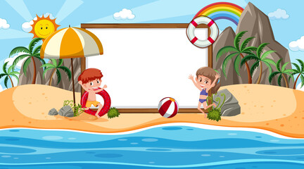 Kids on vacation at the beach daytime scene with an empty banner template
