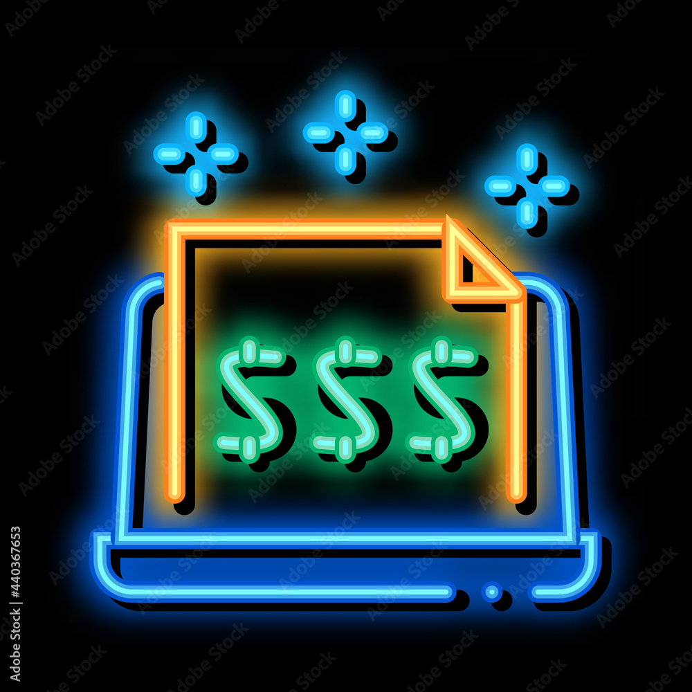 Poster cash documents in computer version neon light sign vector. glowing bright icon cash documents in com