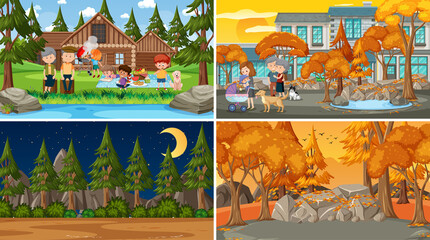 Set of different nature scenes cartoon style