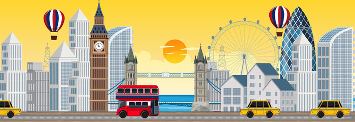 London city horizontal scene at sunset time - obrazy, fototapety, plakaty
