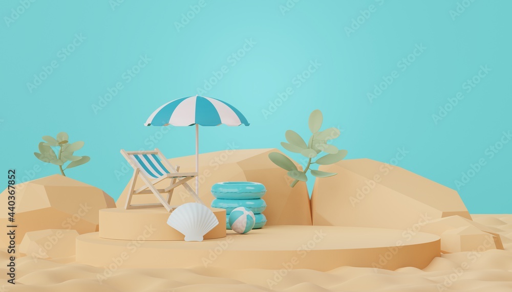 Aufkleber 3d render of minimal display podium with summer season background concept. minimalist pedestal for w