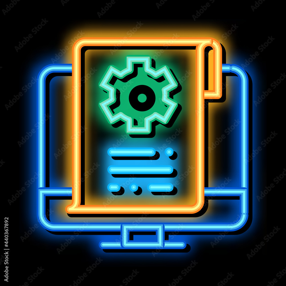 Poster settings documents in computer neon light sign vector. glowing bright icon settings documents in com