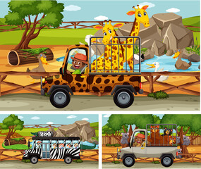 Obraz na płótnie Canvas Different safari scenes with animals and kids cartoon character