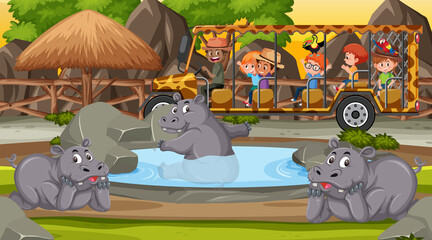 Safari at night scene with kids watching hippopotamus group