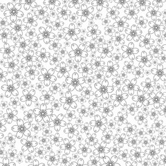 modern black and white graphic background with random scattered flowers on white. Artistic backdrop with copy space for design. Web banner. Drawn flowers on light base. Birthday party, wrapping paper