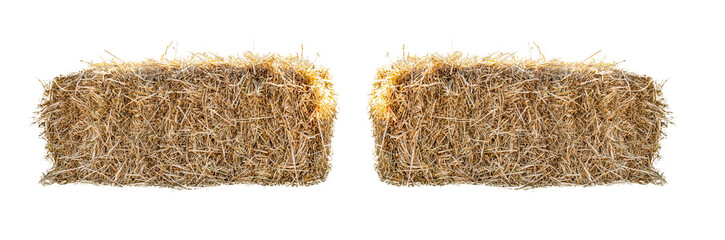 Golden yellow haystack isolated on a white background hay is a tightly joined bale of straw.