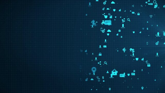 Business and information technology icons set floating moving from right to left. Hi tech digital icons IoT internet of things cyberspace background animation concept - Space for Text. Seamless loop.