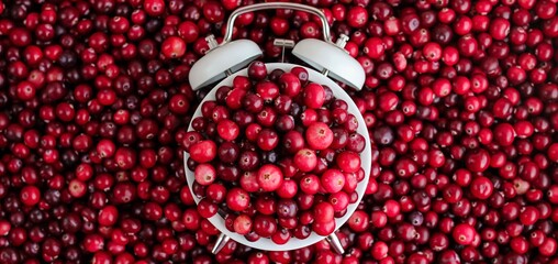 White alarm clock with ripe fresh cranberries as natural, healthy food, berries, time for vitamins background. Selective focus. Banner.	