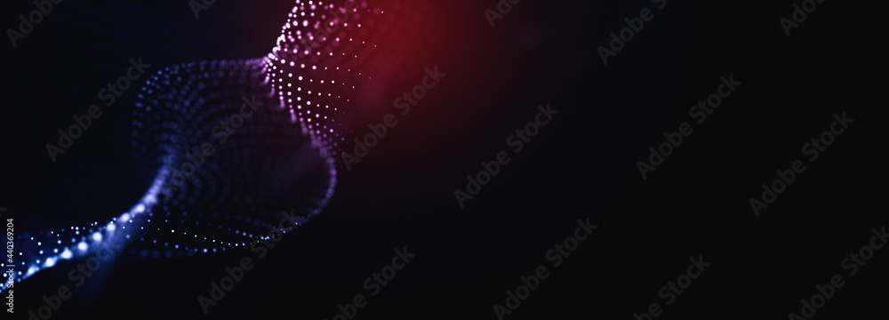 Wall mural abstract colorful digital particles wave with bokeh and light background, 3d render wave line dot ba