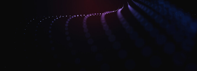 Abstract colorful digital particles wave with bokeh and light background, 3d render wave line dot background, line wave light glowing effect particular background.
