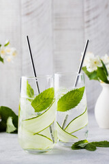 Detox water with cucumber, mint and lemon juice. Cucumber water.