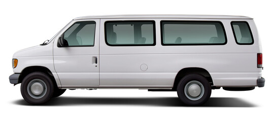 Side view of a classic American passenger minibus in white. Isolated on a white background.