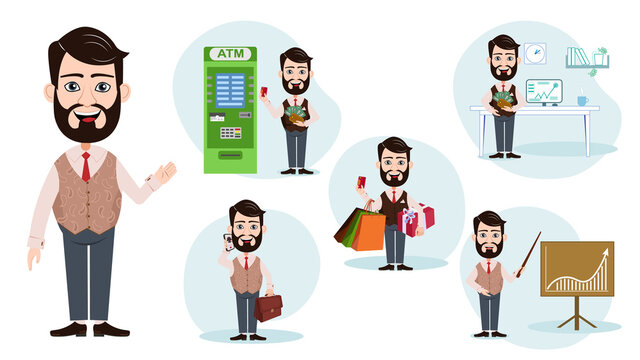 A businesslike cartoon man. Vector set with the image of a cartoon businessman. Businessman for animation. Cartoon man with money, with a schedule, with a phone and with a credit card next to an ATM
