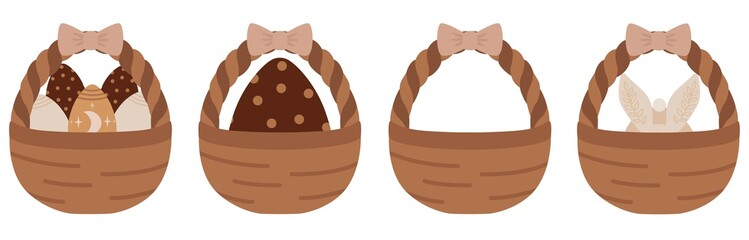 Set of Easter baskets for the holiday. Baskets with colored eggs, bunny Easter  rabbit and egg. A collection of Easter eggs with various drawings. Vector  illustration