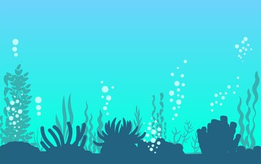 Fototapeta na wymiar Bottom of reservoir with fish. Silhouette. Blue water. Sea ocean. Underwater landscape with plants, algae and corals. Illustration in cartoon style. Flat design. Vector art