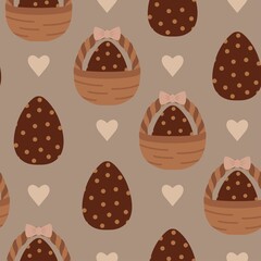 Cute Easter Eggs in Wicker basket Seamless Pattern Vector Background EPS illustration with brown egg in Wicker basket Spring greeting cards Perfect for boho wallpaper