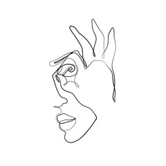 Woman abstract portrait, single line on a white background, girl crossed her fingers and looks like through binoculars, continuous line drawing, young woman face, isolated vector illustration.