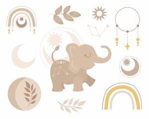 set of modern boho style. Vector hand drawn boho clipart for nursery. Safari animal. Perfect for baby shower, birthday, children's party.  Bohemian elements. Cute elephant, rainbows