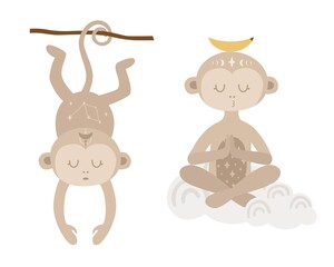 Obraz premium set of modern boho style. Vector hand drawn boho clipart for nursery. Safari animal. Perfect for baby shower, birthday, children's party. Bohemian elements. Cute animals, monkey