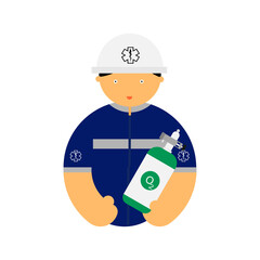 Cartoon character, paramedic is holding a liquid oxygen cylinder.