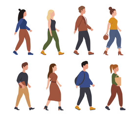 Set of strolling people, students, men and women, young people walking, flat style