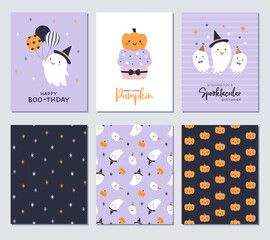Set of cute illustrations and patterns for Halloween themed birthday. For birthday cards, invitations, tags, party decoration, etc.