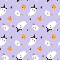 Seamless pattern for Halloween. Cute ghosts and pumpkins on pastel grape background.