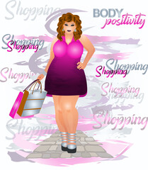 Body positivity Shopping plus size XXL woman, vector illustration