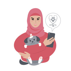 young woman wearing a headscarf with a tiny dog searching for veterinarian online from smartphone.