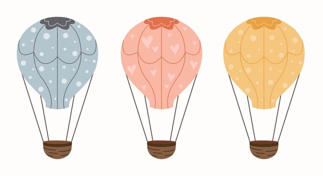 Pastel colorful air balloon flat pictures set. Cartoon flying baskets and balloons with hot air isolated vector illustration collection.