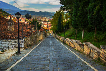 BERAT, ALBANIA: Top view of an old house in Mangalem district in Berat.