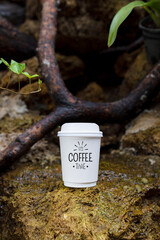 white paper cup of coffee in the beautiful nature with soft focus and over light in the background. mockup and templates to create greeting, cards, magazines, cover, poster and banners.
