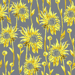 Seamless pattern with Yellow Illuminating watercolor Chrysanthemum stems, flowers, buds on Ultimate Gray background. Floral trendy flowers in full bloom for textile, wallpaper, bedding.
