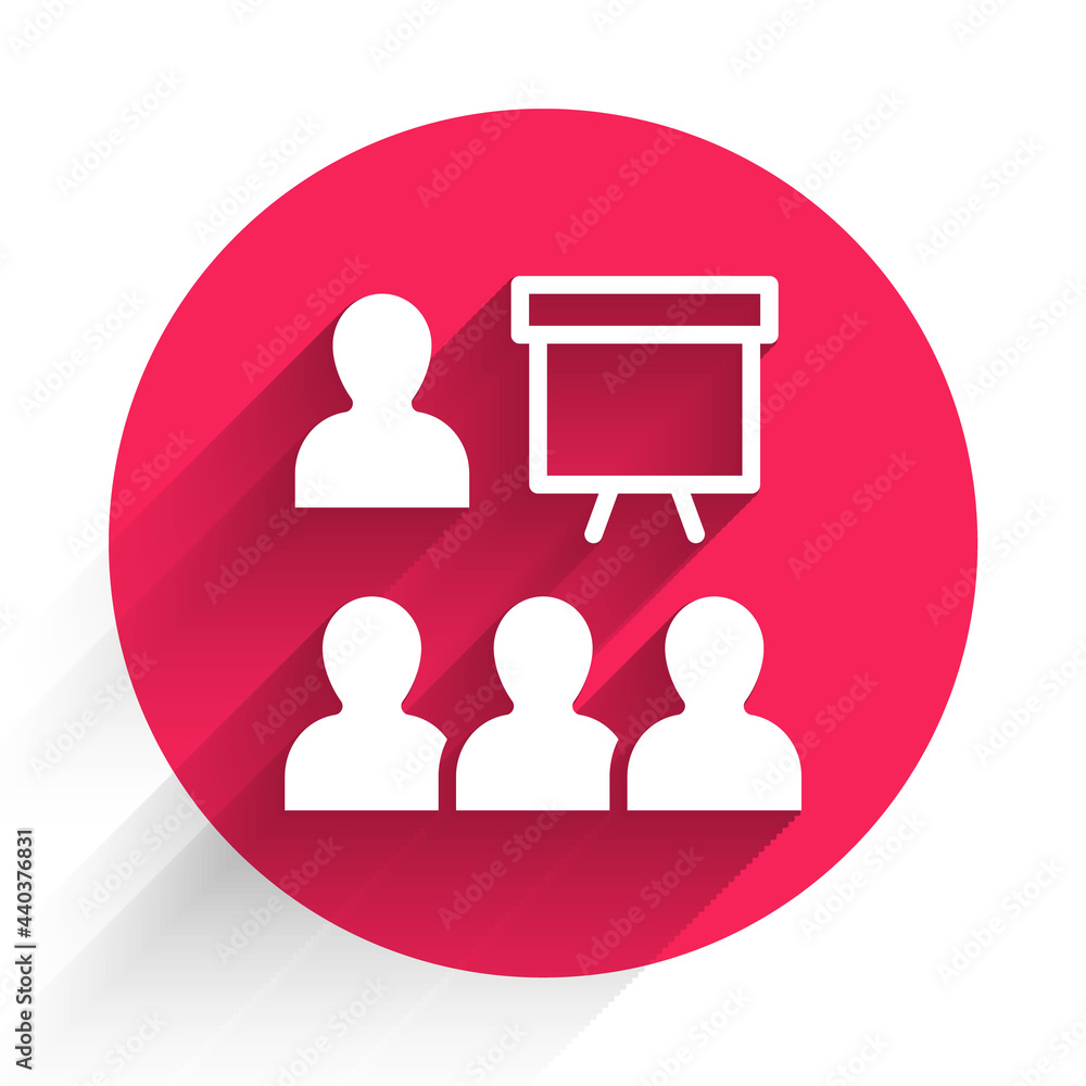 Poster white training, presentation icon isolated with long shadow. red circle button. vector