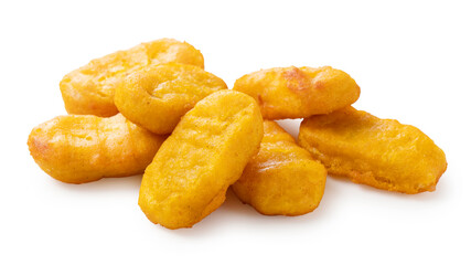 Chicken nuggets on a white background.