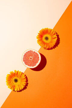 Summer Fresh Grapefruit And Bloom With Orange Aesthetic Background.Minimal Sunlight Flat Lay