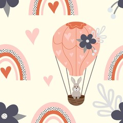 background illustration with balloons, flowers and hearts. Easter bunny. Cute kids seamless pattern. Perfect for wallpaper, postcard, print, invitations, patterns, poster, packaging etc.