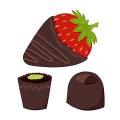 Chocolate-covered strawberries are fresh fruit dipped in thick chocolate bars. A set of chocolates. Vector illustration.