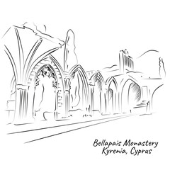 Line drawing of Bellapais abbey. Kyrenia, Cyprus. - obrazy, fototapety, plakaty