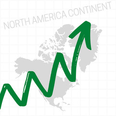 North America continent map with rising arrow showing economic growth. Nation economy recovered, financial growth, stock trading up,equity price, bull market. Upward trend green arrow business concept