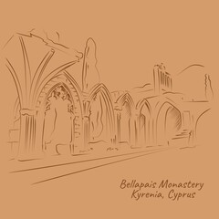 Line drawing of Bellapais abbey. Kyrenia, Cyprus.