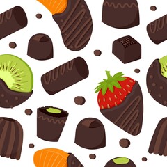 An endless pattern of chocolate-covered fruits and chocolate-covered candies. Vector illustration.