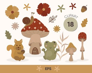 Mushroom set of vector illustrations in flat design isolated on white. Woodland animals and flower. Fall forest. Autumn Green twig. Leaf fall