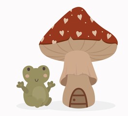 a frog sitting under a poisonous red mushroom. For logos, icons, decor and postcards.